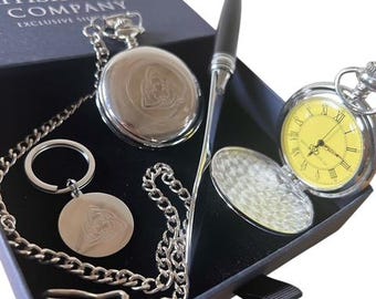 Ierse klaver zakhorloge briefsleutelhanger en opener luxe cadeauset Ierland geschenken gepersonaliseerde gegraveerde Gaelic sieraden cadeaumand