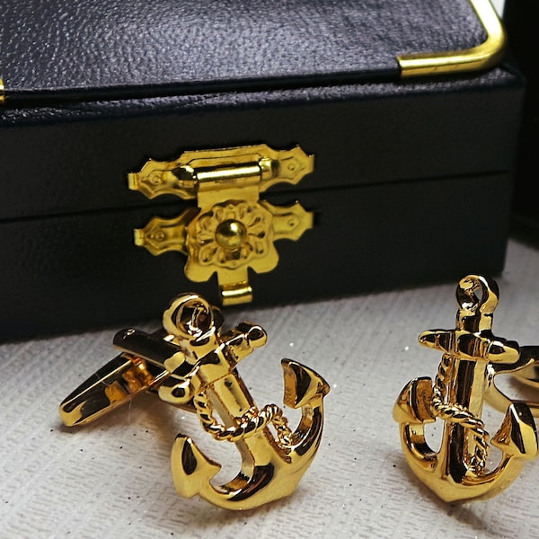 Rope And Anchor Cufflinks 24k Gold Clad Luxury Gift Set for Sailor Royal Merchant Navy US Naval Submariner Yacht Boating Boat Captain Gifts