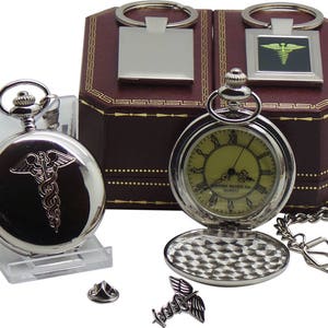 Medical Caduceus Pocket Watch Personalised Full Hunter Keyring Lapel Pin Keychain Luxury Gift Set Luxury Case Doctor Nurse Dentist Medic
