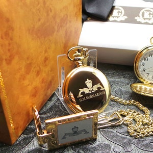 Royal Navy Submariners 24k Oro Placcato Pocket Watch e portachiavi portachiavi Set regalo in custodia di lusso Military Crest Naval Sea Ships Su misura