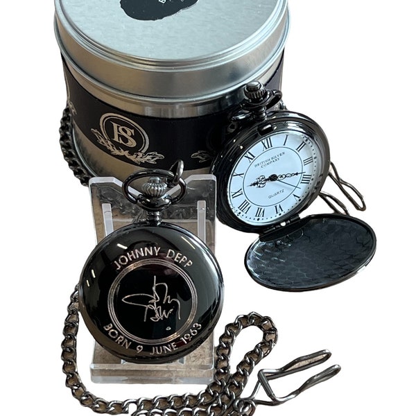 Reloj de bolsillo y cadena firmados por Johnny Depp Estuche de regalo de lujo Autógrafo Grabado personalizado Piratas de la fábrica de chocolate Memorabilia de la película