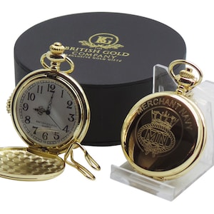 Koopvaardij 24K verguld gepersonaliseerd zakhorloge luxe fob met ketting in kwaliteit presentatie case gegraveerd crest schepen sailor zee