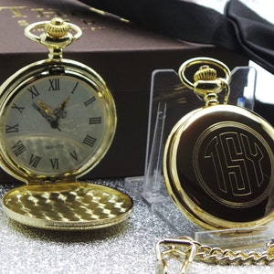 Personalised 3 Monogram Gold Pocket Watch and Chain Lux Engraved in Gift Box Monogrammed Wedding Watches Groom Father of the Usher Best Man