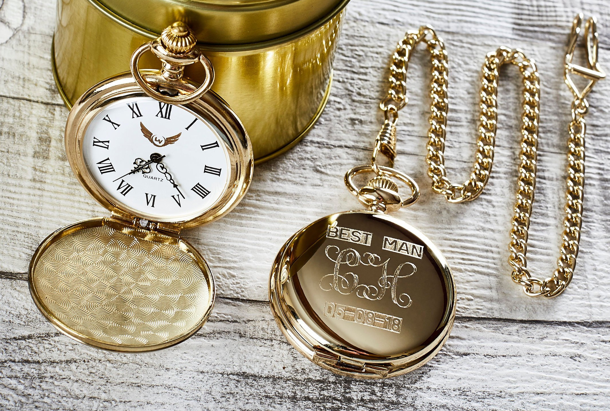 Personalised Pocket Watch and Chain Gold 24k Clad Monogrammed