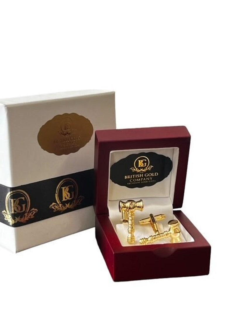 Gavel Gold Cufflinks Gifts forJudge Auctioneer Law Lawyer Police CEO Boss 24k Gold Clad Luxury Wooden Gift Case Hammer Solicitor Graduate image 1