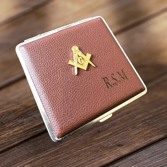 masonic cigarette case Masonic Cigarette Case Personalised Freemason Leathersmokers Case Metal  Masons Gold Emblem Badge Logo 20 Cigarettes Engraved Personalized