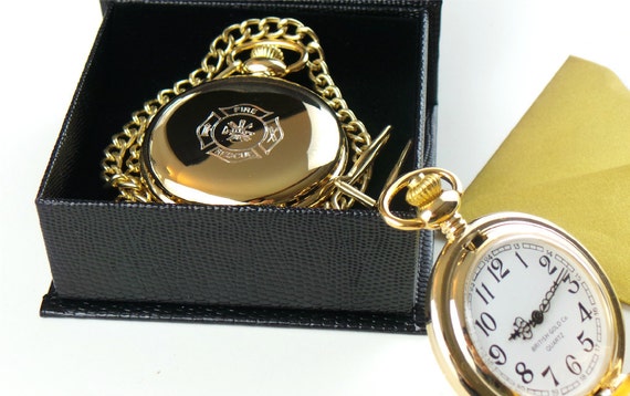 Firefighter 24k Gold Plated Pocket Watch Luxury Gift Box Brigade