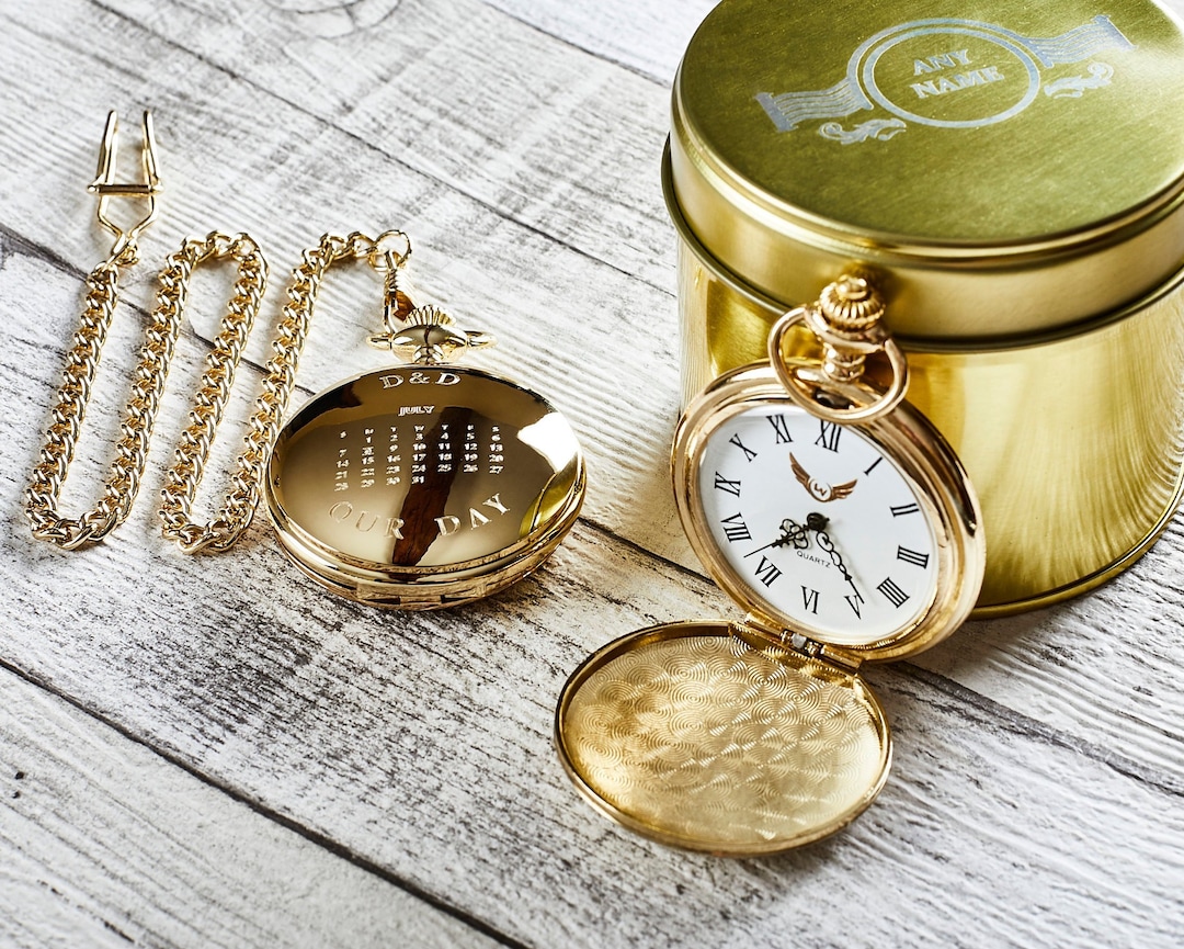 Reloj de bolsillo dorado personalizado con nuestra fecha y calendario de  Regalo de lujo grabado Cumpleaños, boda,  Caja