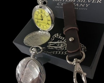 Reloj de bolsillo grabado del servicio de bomberos, personalizado con correa de cuero, juego de regalo, bomberos y rescate del Reino Unido, bombero jubilado, bombero de brigada saliente