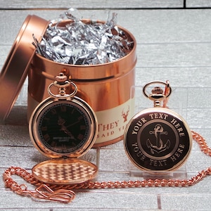 Personalised Anchor Rose Gold Pocket Watch and Chain Custom Engraved Presentation Nautical Gifts Ships Boat Sailor Royal Navy Naval Nautical