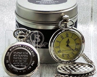 Winston Churchill Signed Quote Silver Pocket Watch Luxury Gift Case Engraved Quote and autograph WW2 Military Politics Engraved Personalised