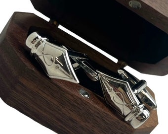 Gemelos con plumín de pluma estilográfica de plata: regalo para escritor con estuche de madera