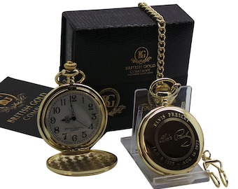 Signed Elvis Presley Personalised Gold Pocket Watch Full Hunter 24k Clad Chain Luxury Gift Case Quartz Quality Elvis Fan Memorabilia Gifts