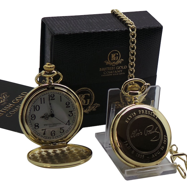 Signed Elvis Presley Personalised Gold Pocket Watch Full Hunter 24k Clad Chain Luxury Gift Case Quartz Quality Elvis Fan Memorabilia Gifts