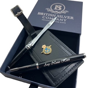 Raf Bolígrafo grabado Abrecartas y Etiqueta de equipaje de cuero Etiqueta de equipaje Juego de regalo personalizado de lujo Royal Air Force Desmayo dejando regalos de cumpleaños