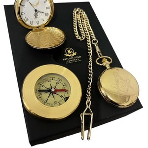 Montre de poche maçonnique personnalisée plaquée or 24 carats et boussole dans un coffret cadeau de luxe gravé par franc-maçon n&#39;importe quelle loge