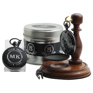 Engraved Pocket Watch Monogram Personalised and Wooden Display Stand in Gift Case Birthday Wedding Groom Husband Father of the Bride Usher
