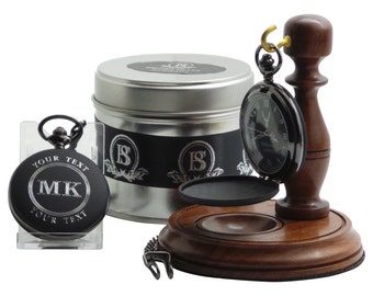 Engraved Pocket Watch Monogram Personalised and Wooden Display Stand in Gift Case Birthday Wedding Groom Husband Father of the Bride Usher