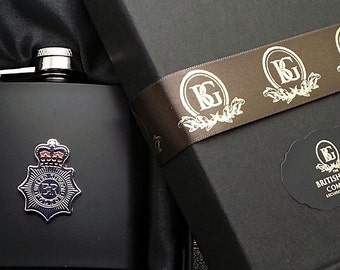 UK Police Hip Flask  Spirit Whiskey Spirits Gift Boxed Black Metal Crest British Police Force Officer Detective Law Enforcement Luxury Gifts