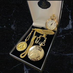 Masonic Personalised 24k Gold Clad Pocket Watch Freemason Necklace Display Stand Luxury Gift Case Any Lodge Freemason 3 Piece Set Engraved