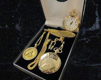 Masonic Personalised 24k Gold Clad Pocket Watch Freemason Necklace Display Stand Luxury Gift Case Any Lodge Freemason 3 Piece Set Engraved