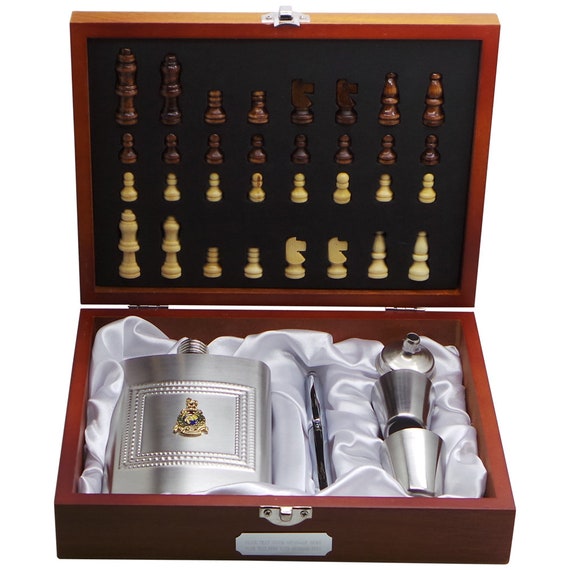 Personalised ROYAL MARINES Hip Flask Chess Set Pen Shot Glasses Wooden Case