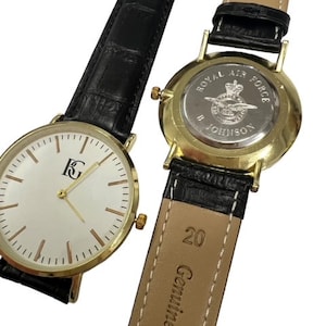 RAF Personalised Watch Engraved Real Leather Wristwatch Luxury for Men Gents  Royal Air Force Custom Secret Message Engraving  Military Gift