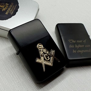 Masonic Lighter Personalised Cigarette BBQ Cigar in Metal Gift Case Custom Engraved Freemasons Gold on Black Any Lodge Brotherhood Compass