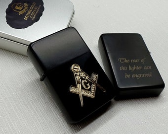 Masonic Lighter Personalised Cigarette BBQ Cigar in Metal Gift Case Custom Engraved Freemasons Gold on Black Any Lodge Brotherhood Compass
