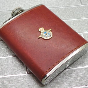 RAF Hip Flask  Spirit Whiskey Spirits Gift Boxed 7oz Stitched Leather Style Royal Air Force Military Gifts Metal Crest Badge Engraved Crest