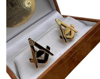 Freemason Gold Cufflinks Luxury Set for Masonic any Lodge Cuff Links Brotherhood Wooden Gift Case Freemasons Compass No G Boxed Gifts