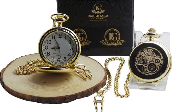 Steampunk Pocket Watch 24k Gold Clad Movement Mechanism Industrial Cogs Gears wheels Engraved Clock Parts on front case in Luxury Gift Box