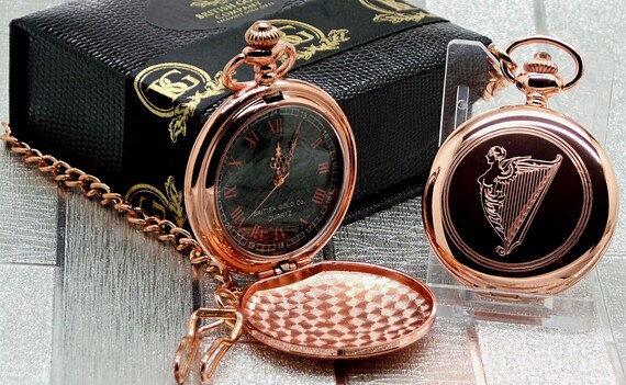 Celtic Harp Pocket Watch and Chain Rose Gold in Luxury Case Ireland Irish Gifts Personalised Engraved Gaelic Jewellery Alternative Shamrock Etsy Australia