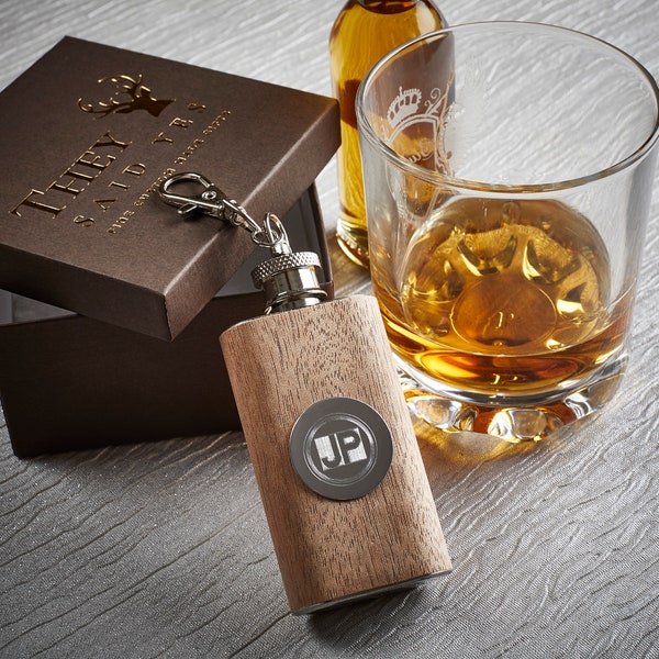 Personalisierte Holz Stahl Silber Flachmann Schlüsselanhänger Gravur Spirit Whisky Spirit Flachmann Geschenkbox Holzgravur monogrammiert