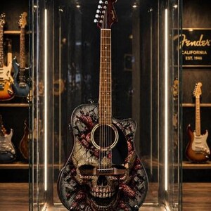 Puede incluir: Guitarra ac&uacute;stica con dise&ntilde;o de calavera expuesta en una vitrina de cristal. La guitarra presenta un acabado oscuro con un gr&aacute;fico detallado de calavera y detalles en rojo. El logotipo de Fender es visible en el clavijero y en la base de la vitrina.