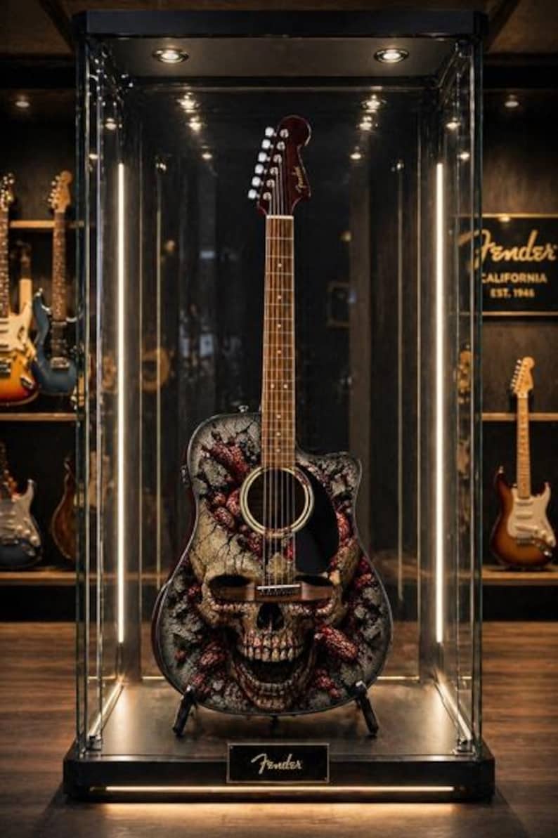Puede incluir: Guitarra ac&uacute;stica con dise&ntilde;o de calavera expuesta en una vitrina de cristal. La guitarra presenta un acabado oscuro con un gr&aacute;fico detallado de calavera y detalles en rojo. El logotipo de Fender es visible en el clavijero y en la base de la vitrina.