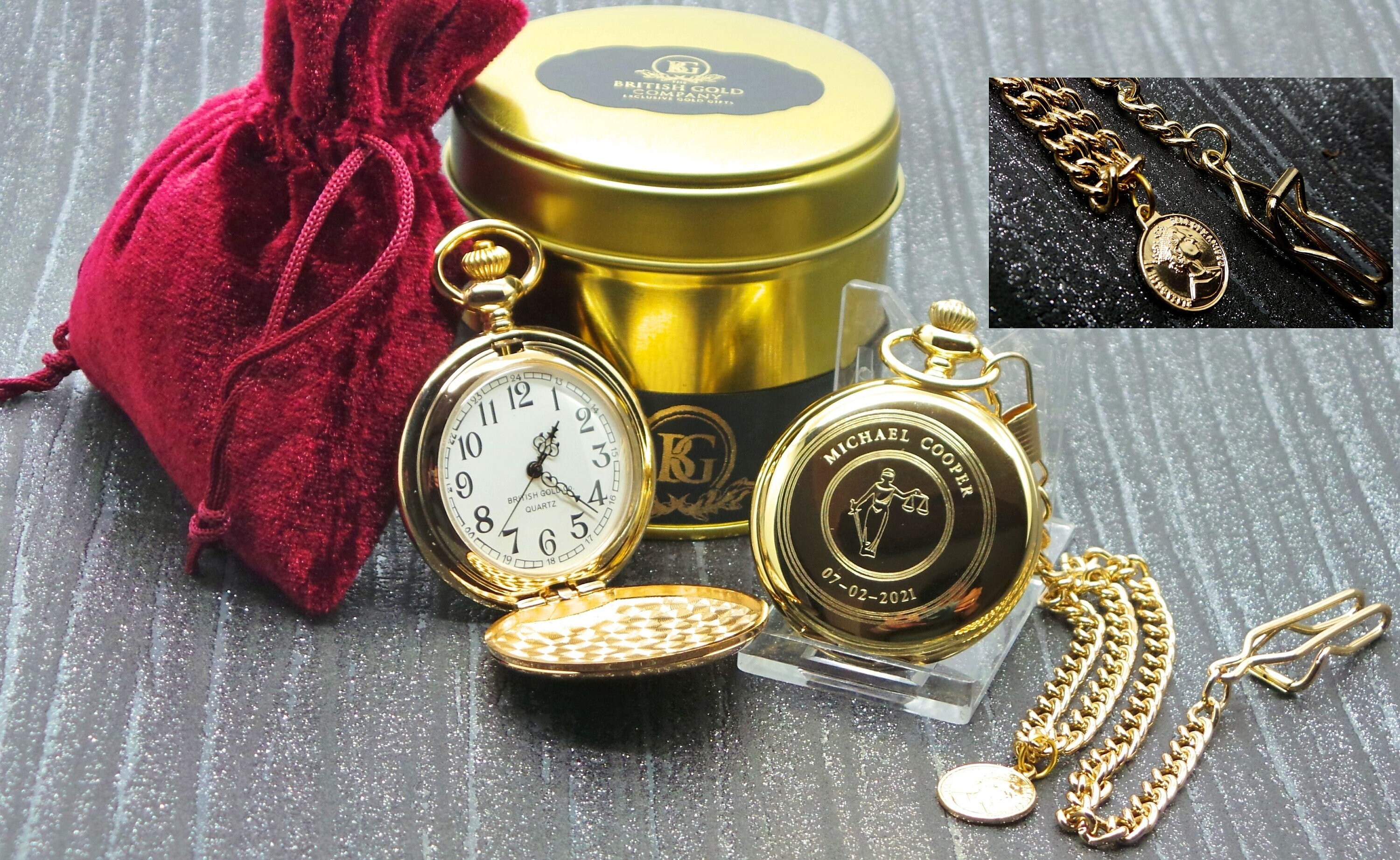 Legal Scales of Justice Pocket Watch and Chain Gold Coin Chain Fob