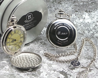 Personalised Pocket Watch Groomsman Birthday Wedding Anniversary Engraved Engraving Engraved Silver Chain Monogrammed Engraved