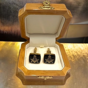 Masonic Cufflinks Luxury Set 24k Gold Clad Luxury Wooden Gift Case Freemason Cuff Links Freemasonry Brotherhood Any Lodge Freemasons Gifts