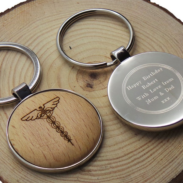 Medical Caduceus Symbol Wooden Keyring Personalised Silver Plated Custom Engraved Keychain Luxury Box Gifts for Doctor Nurse Dentist Carer