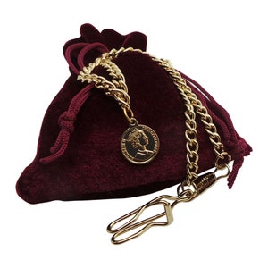 Gold Pocket Watch Chain Single Albert 24k Clad with Fob Coin Pendant for Pocket Watches Peaky Steampunk Wedding Masonic Hunter Mechanical