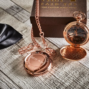 Free Engraving Best Man 18k Rose Gold Plated Pocket Watch Custom Engraved Old English Luxury Gift box Case Wedding Groom Groomsmen watches image 3