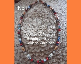 Collier tribal Caraïbes  os sculptés ,dent de requins  ,graines perles