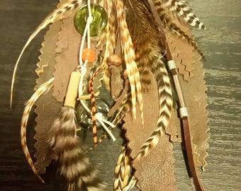 Pendant leather natural feathers