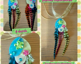 2 pendants sequins multicolored feathers