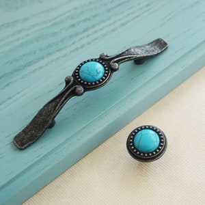 3.0" Antique Black Turquoise Blue Drawer Knobs Pulls Handles  Dresser Pull Kitchen Cabinet Handles Retro Closet Handle Knob Rustic 76mm