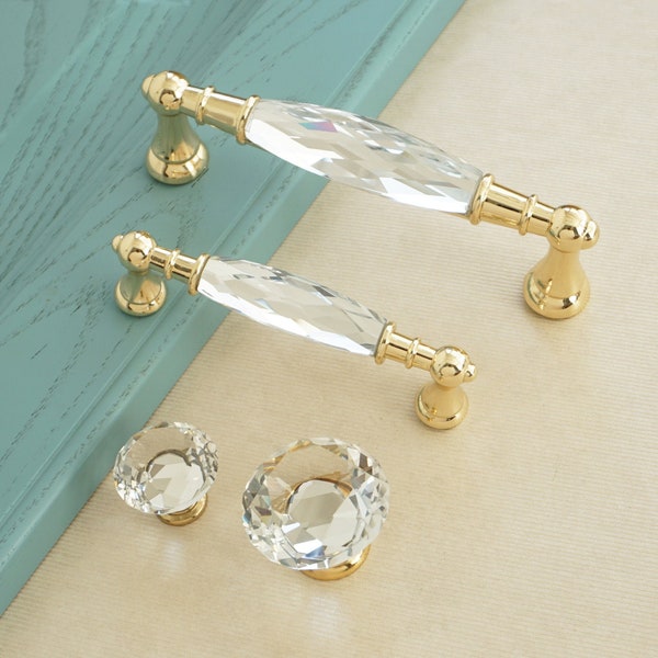 3.78" 5" Gold Clear Crystal Kitchen handles Knob Drawer Pull Knob Glass Dresser Handles Pulls Cupboard Handles Cabinet Handle Closet Pulls