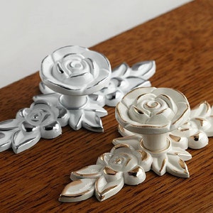 Shabby Chic Dresser Drawer Knobs Pulls Handles Creamy White Silver Gold Rose  Flower Kitchen Cabinet Knobs Handles Pull Ornate Knob Hardware