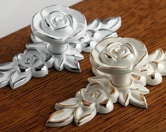 Shabby Chic Dresser Drawer Knobs Pulls Handles Creamy White Silver Gold Rose  Flower Kitchen Cabinet Knobs Handles Pull Ornate Knob Hardware