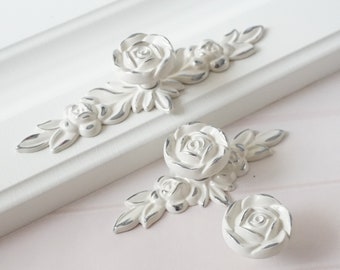 flower dresser handles back plate drawer knobs pulls handles creamy white silver rose knob shabby chic kitchen cabinet knobs handles - Kitchen Knob And Handles flower dresser handles back plate drawer knobs pulls handles creamy white silver rose knob shabby chic kitchen cabinet knobs handles - Kitchen Knob And Handles